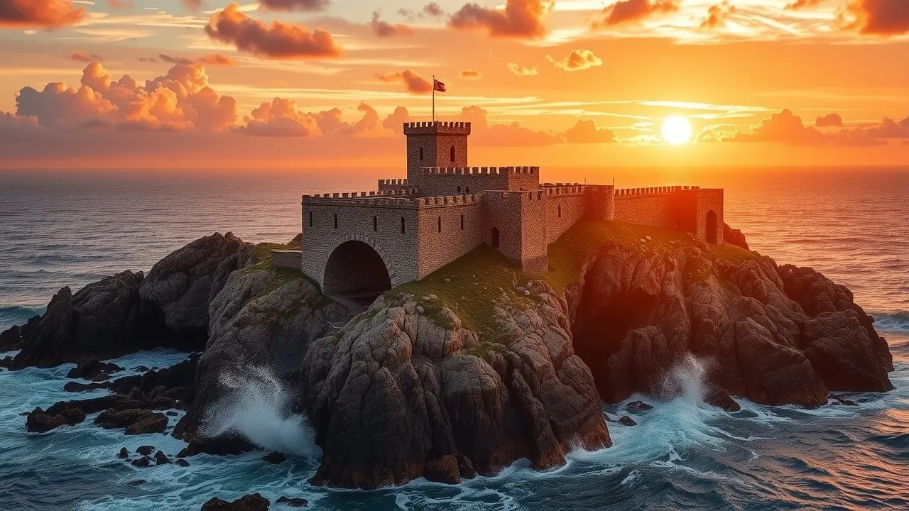 Fortificação antiga sob a luz do sol poente