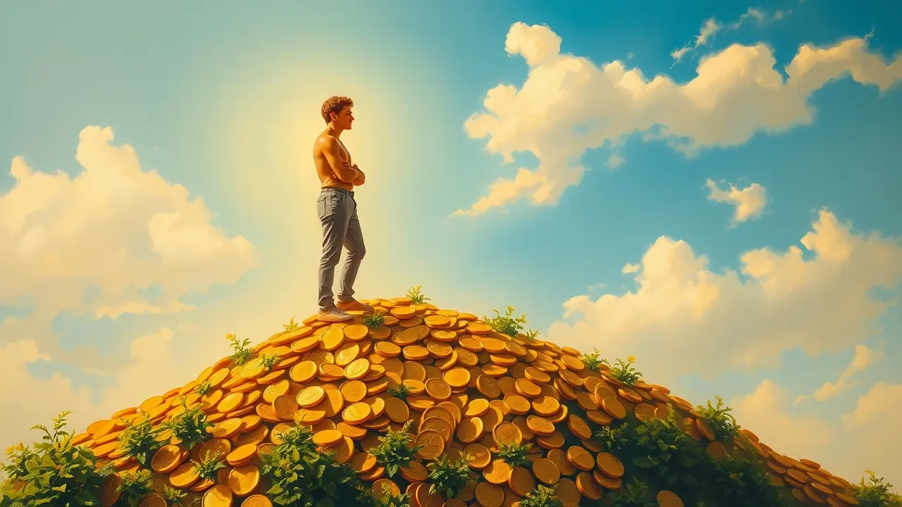 Pessoa em cima de montanha de ouro: sonho com fortuna.