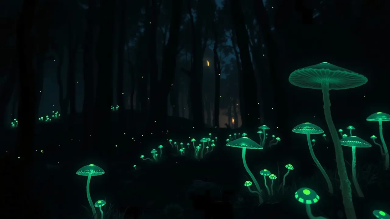 Sonhar com Fosforescente: Desvende os Significados Ocultos Floresta iluminada por bioluminescência em sonho