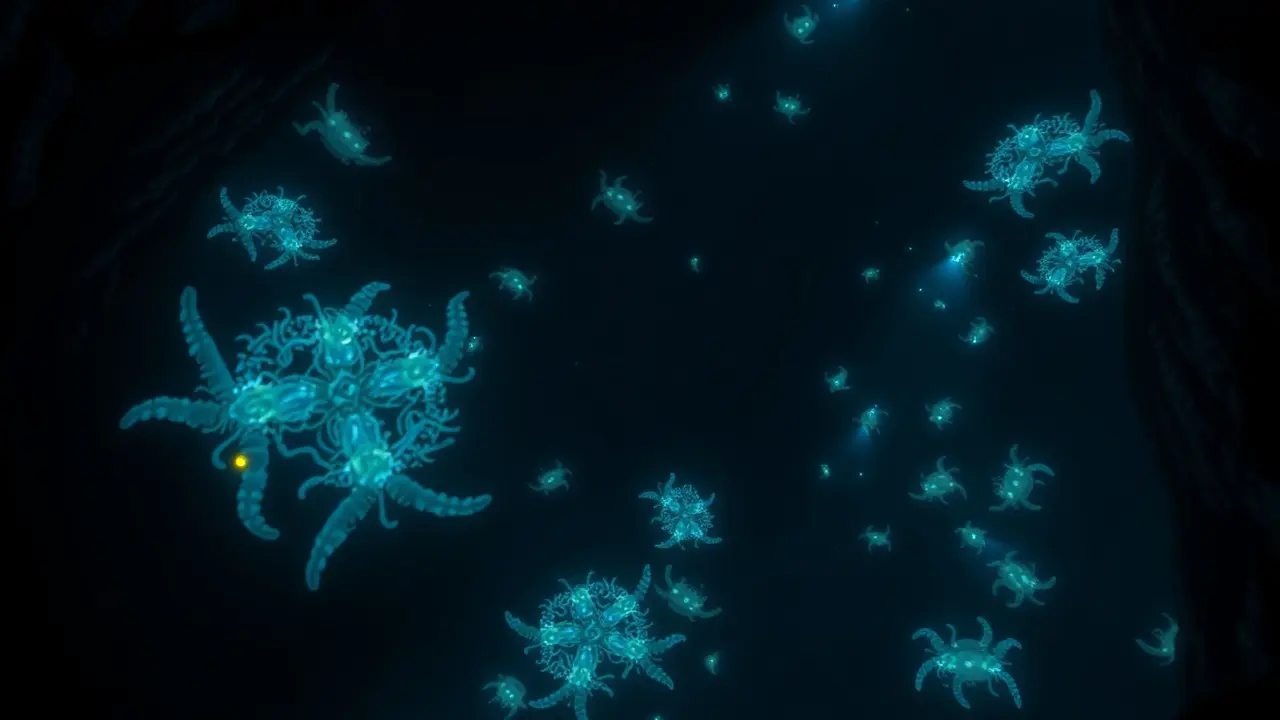 Visão artística da Fossa das Marianas com criaturas bioluminescentes.
