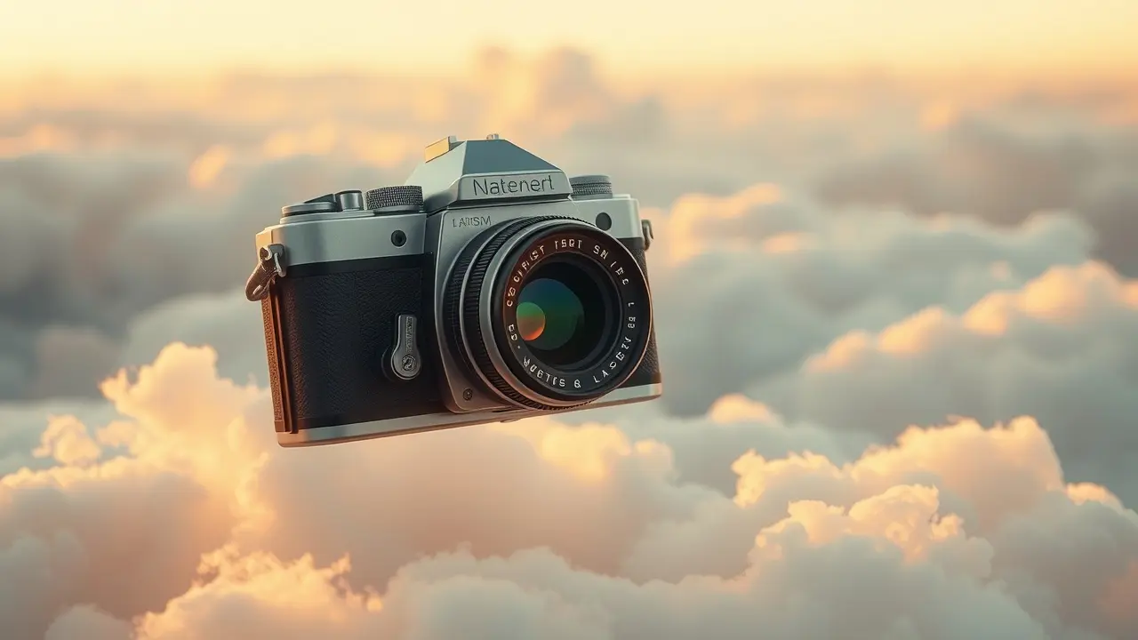 Sonhar com Fotografia: Desvende os Significados e Simbolismos Câmera vintage flutuando em nuvens em sonho.