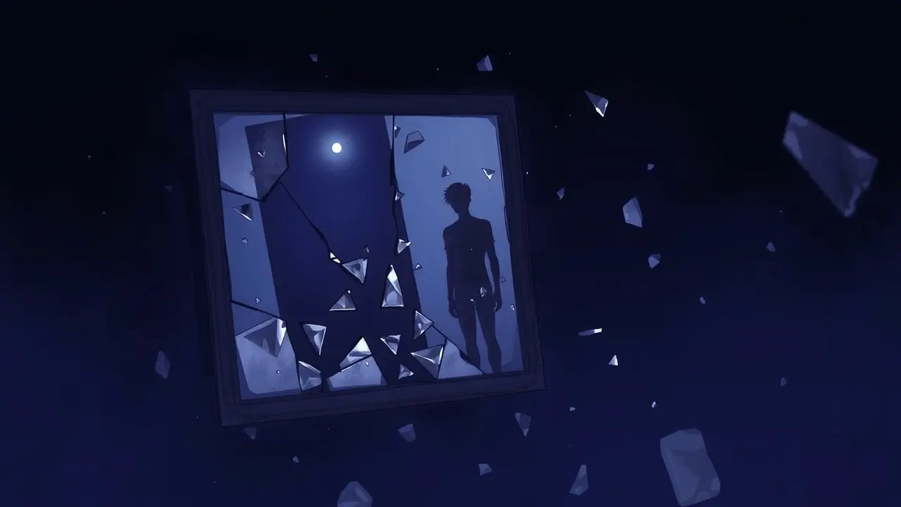 Sonhar com Fragmentação: Descubra os Significados Ocultos Imagem de um espelho quebrado refletindo uma figura distorcida