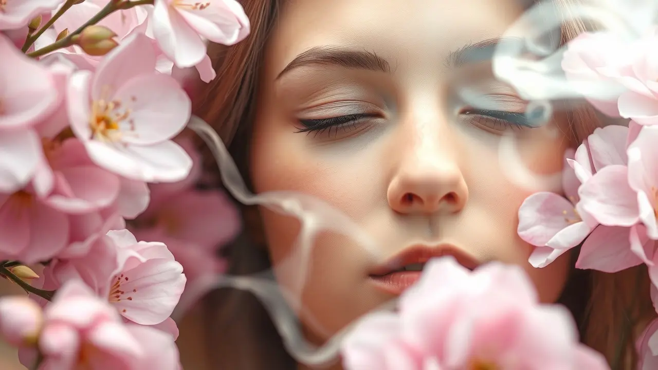Sonhar com Fragrância: Descubra os Significados Ocultos Mulher sorrindo cercada por flores, representando sonhos com fragrâncias.
