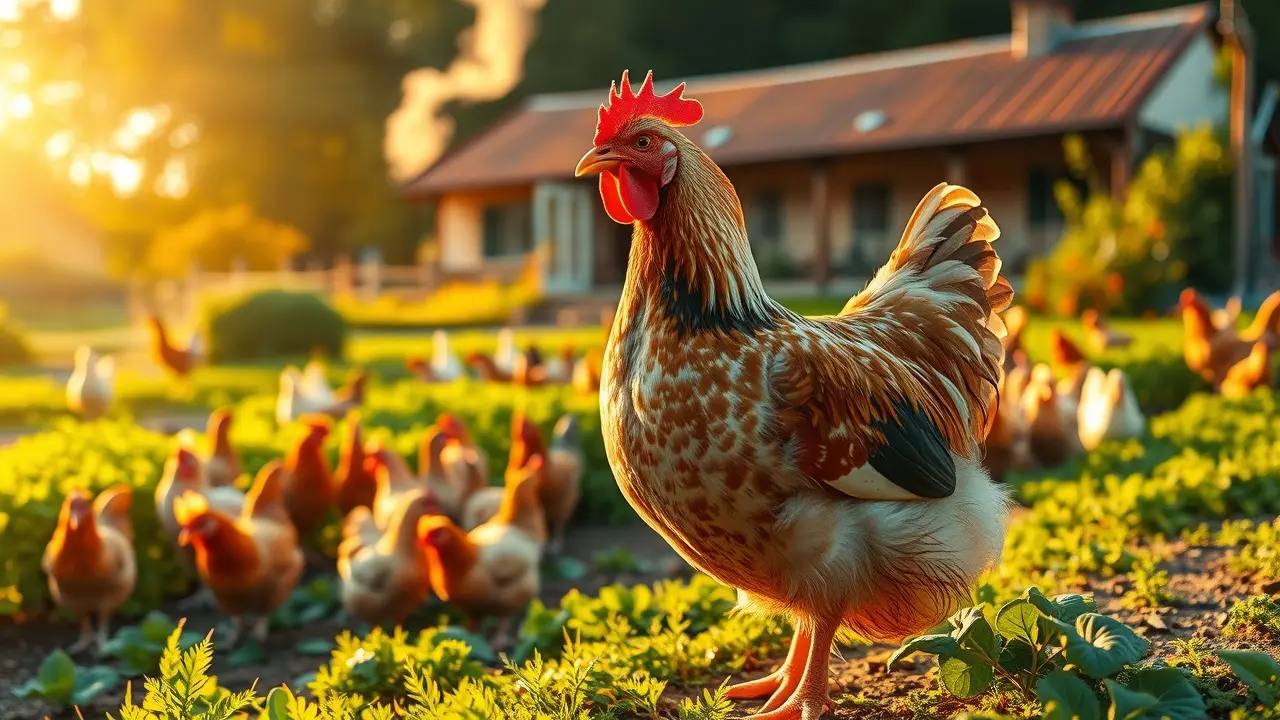 Frango em fazenda ensolarada, prenúncio de abundância