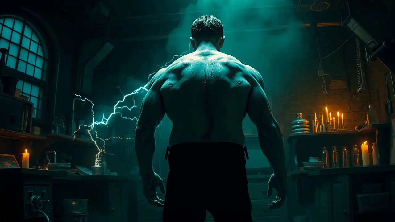 Monstro de Frankenstein iluminado à luz de velas.