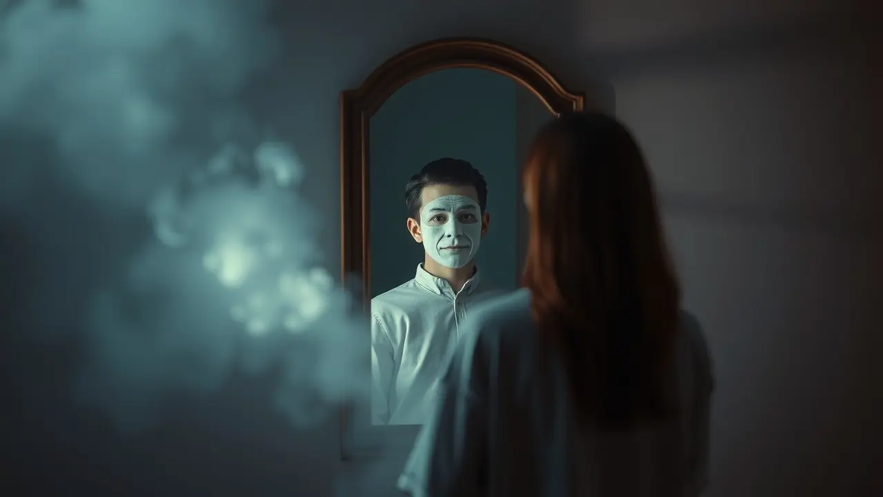 Sonhar com Franqueza: Descubra o Significado e as Implicações Reflexo de uma pessoa usando uma máscara honesta