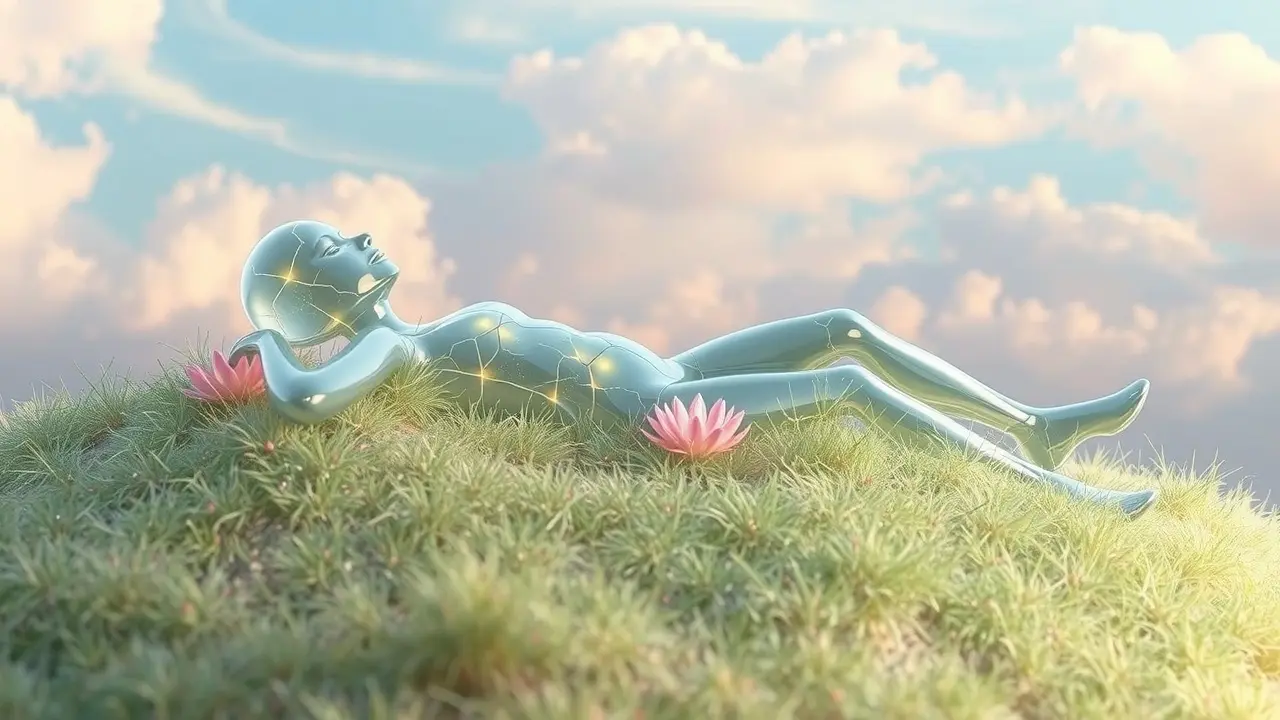 Ilustração de figura de vidro rachada em paisagem suave representando vulnerabilidade e resiliência.