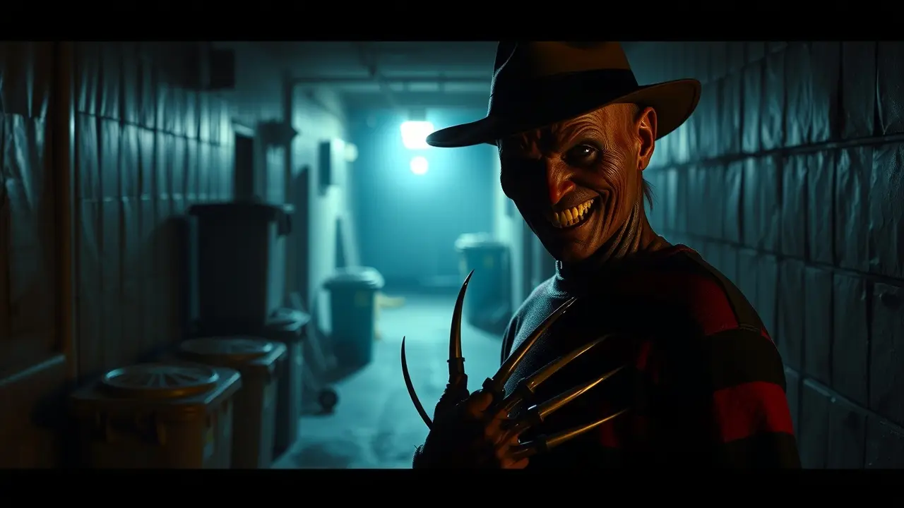 Sonhar com Freddy Krueger: Descubra o Significado Oculto Freddy Krueger em beco sombrio e ameaçador
