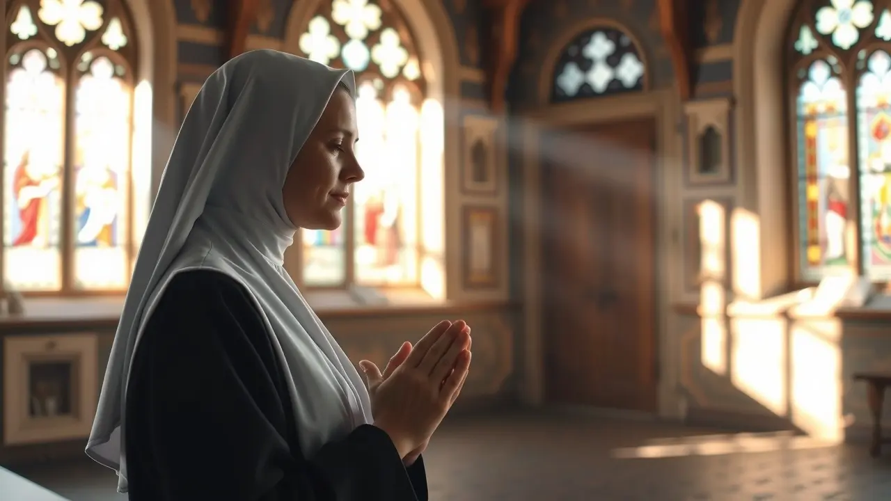 Freira rezando em capela ensolarada