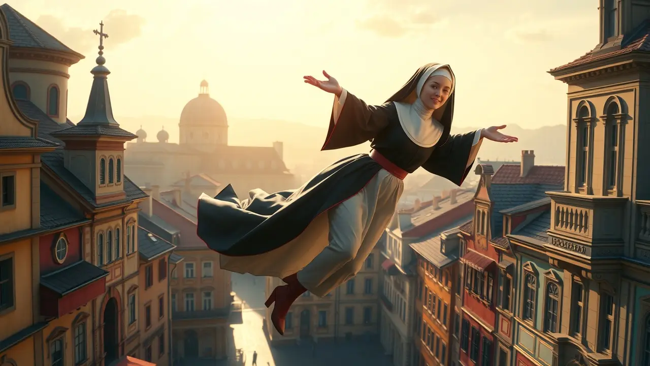 Freira voando sobre a cidade