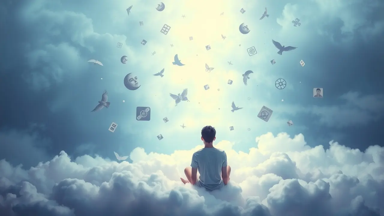 O Significado Profundo de Sonhar com Frequência Pessoa em estado de sonho cercada por símbolos, representando sonhos recorrentes.