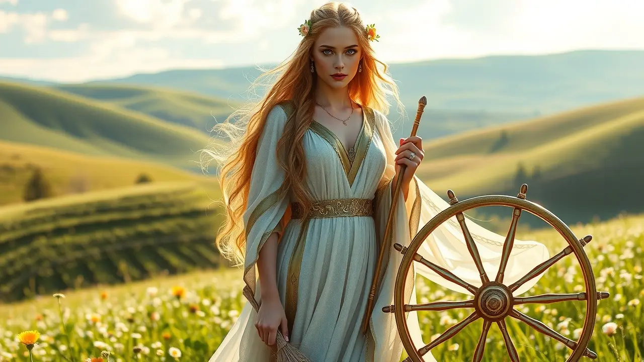 Frigga, deusa nórdica em campo florido.