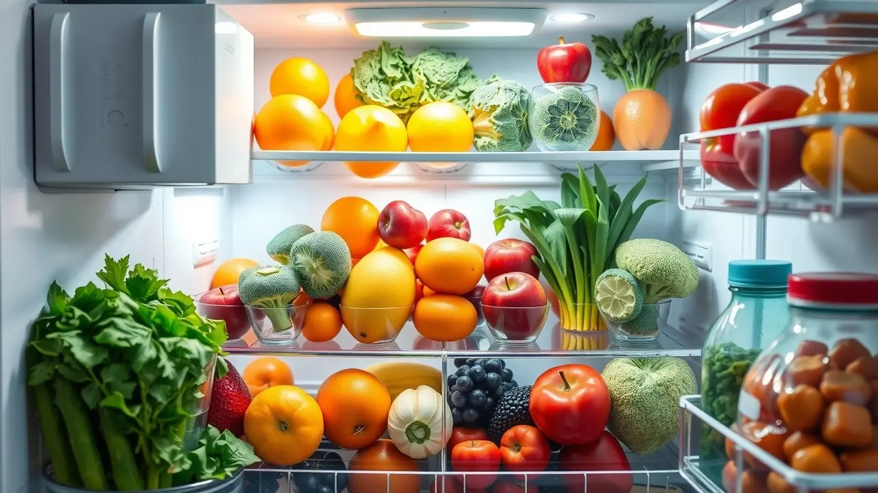 Sonhar com Frigorífico: Descubra os Significados Ocultos! Frigorífico repleto de alimentos frescos e coloridos.