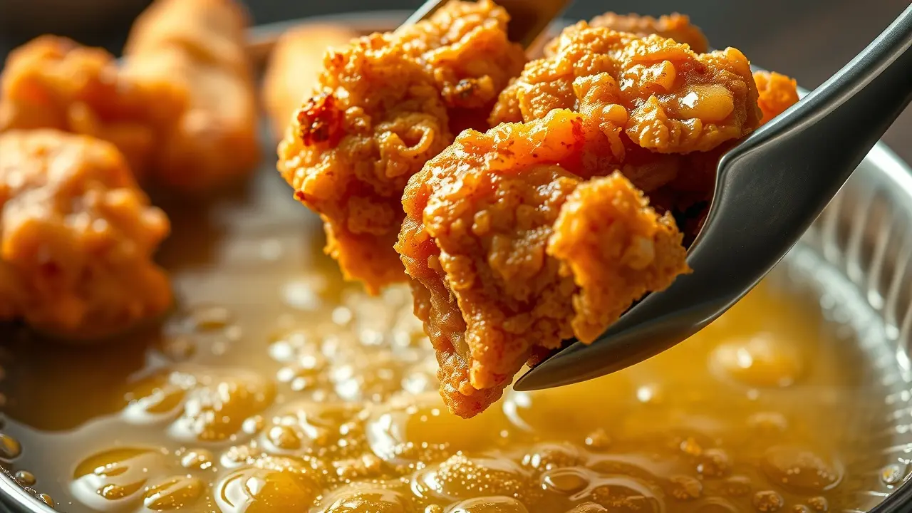 Sonhar com Fritura: Descubra os Significados Ocultos Frango frito crocante sendo retirado do óleo quente