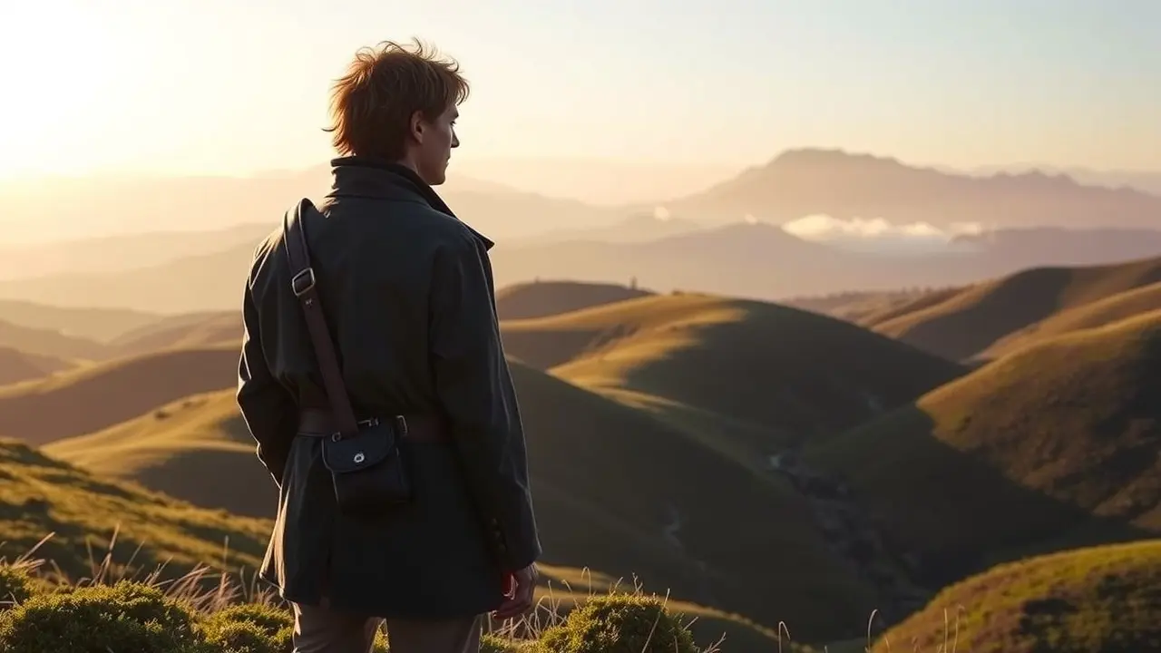 Frodo Bolseiro olhando para as montanhas