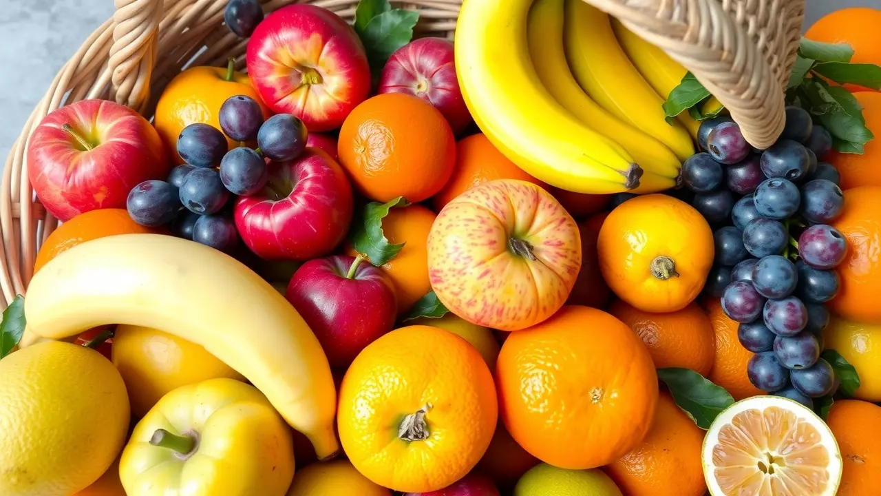 Cesta de frutas coloridas e vibrantes