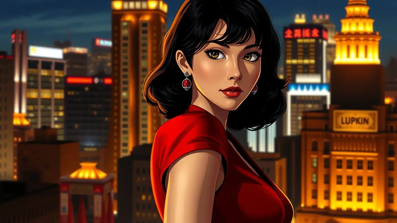 Fujiko Mine em vestido vermelho