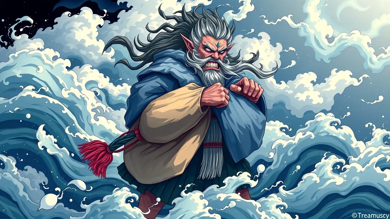 Ilustração de Fujin soprando ventos