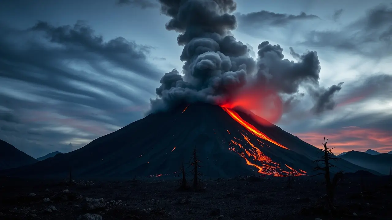 Fumaça vulcânica densa em erupção.