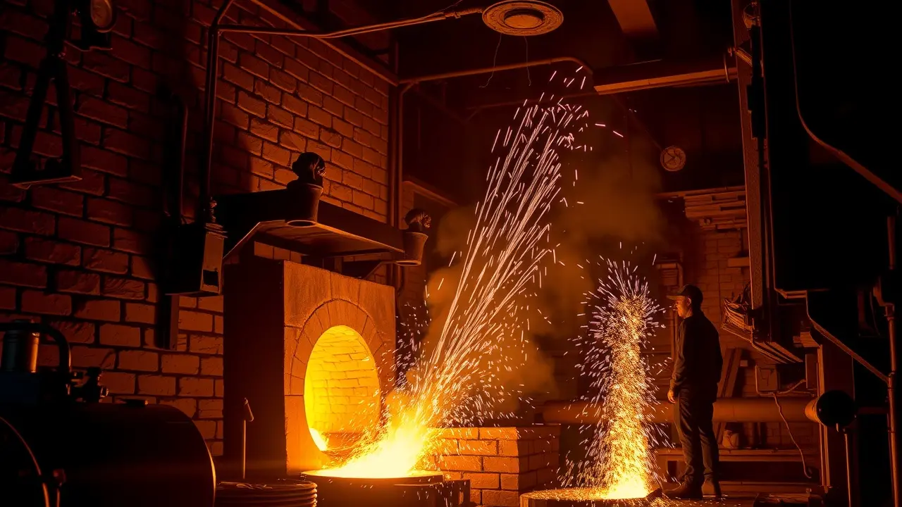 Fundição noturna com metal derretido.