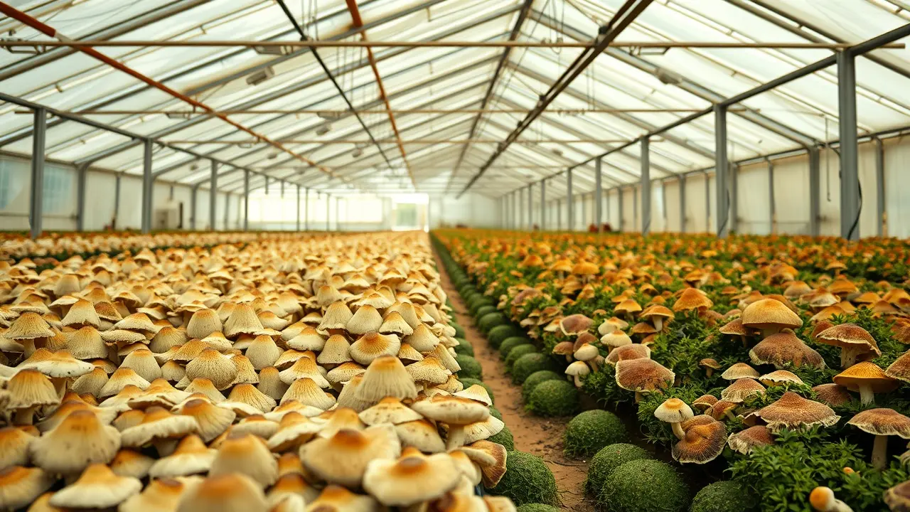 Visão de um viveiro de cogumelos com luz suave e cogumelos variados.