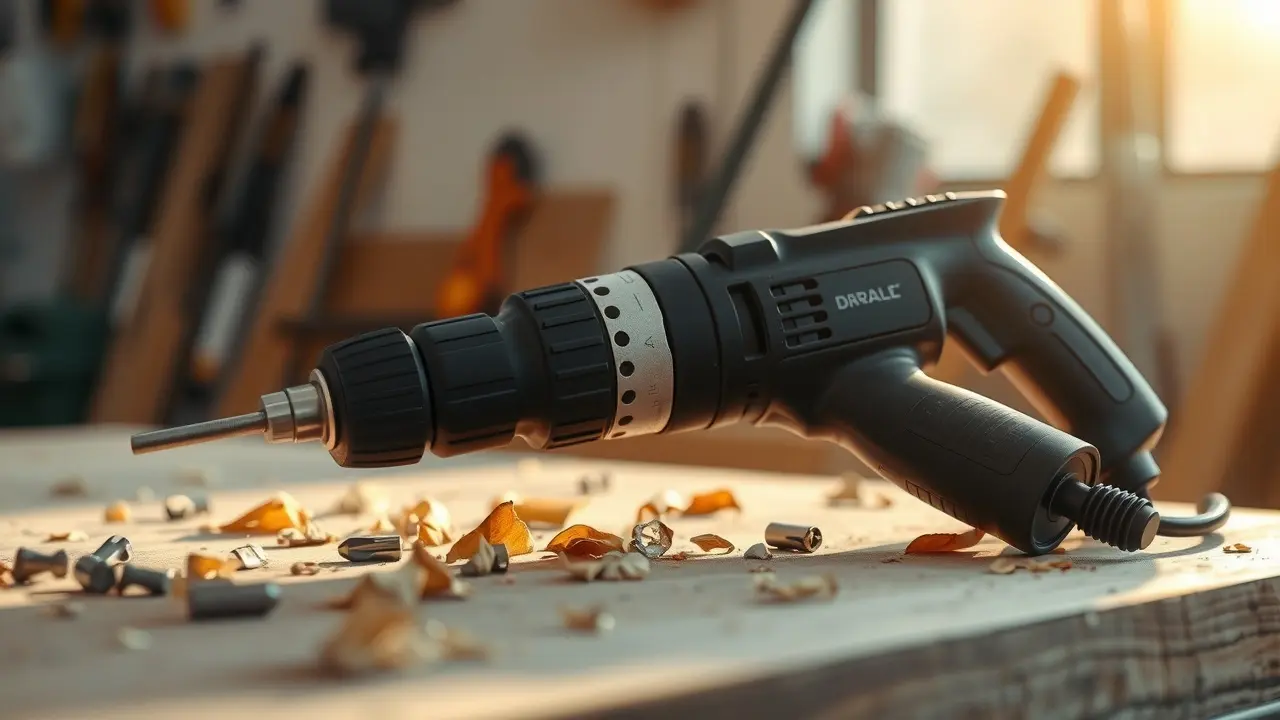 Sonhar com Furadeira: Descubra os Significados Ocultos Furadeira brilhante em bancada de trabalho sob luz suave