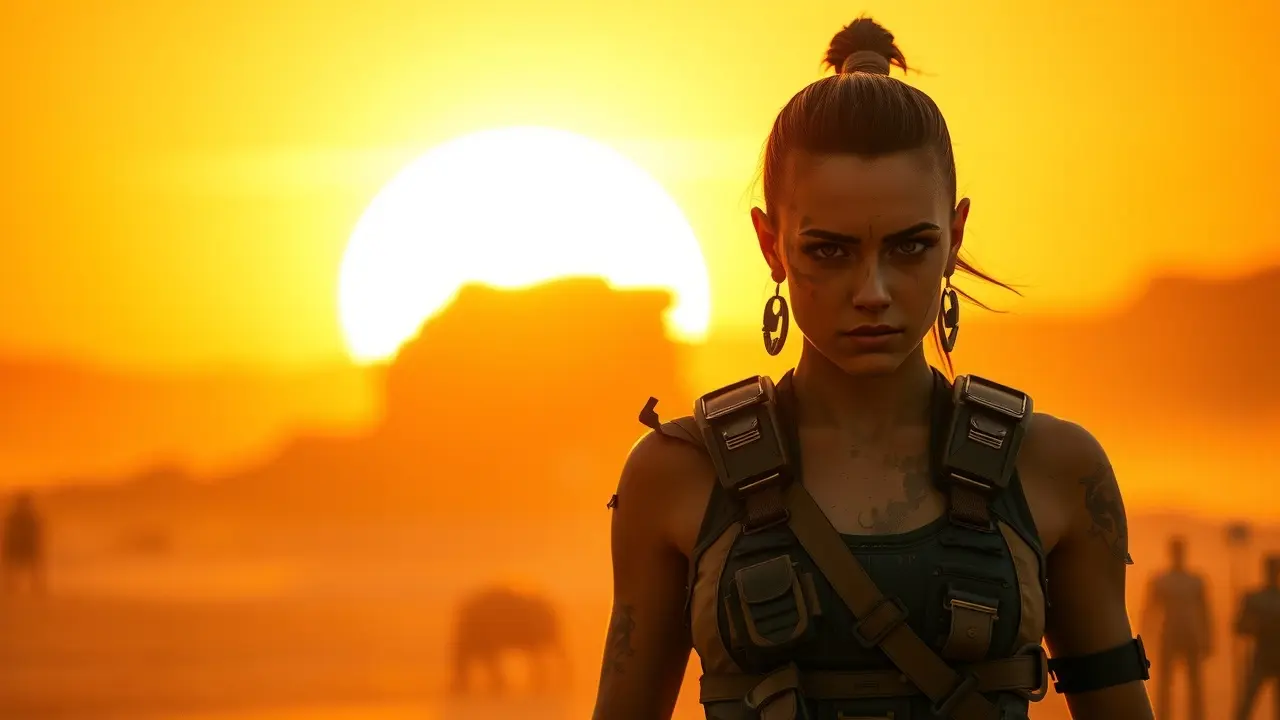 Furiosa com olhar determinado no deserto.