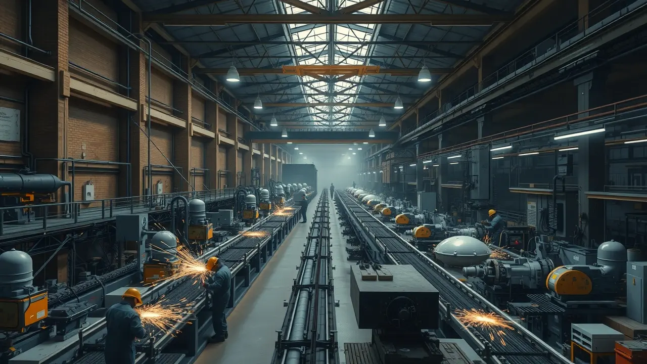 Significado de Sonhar com Fábrica: Interpretações e Simbolismos Fábrica com maquinário complexo e trabalhadores