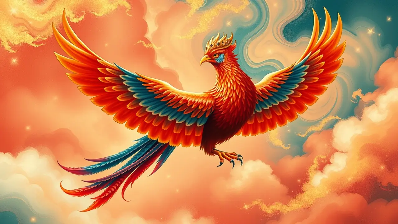 Fênix chinesa voando em céu vibrante