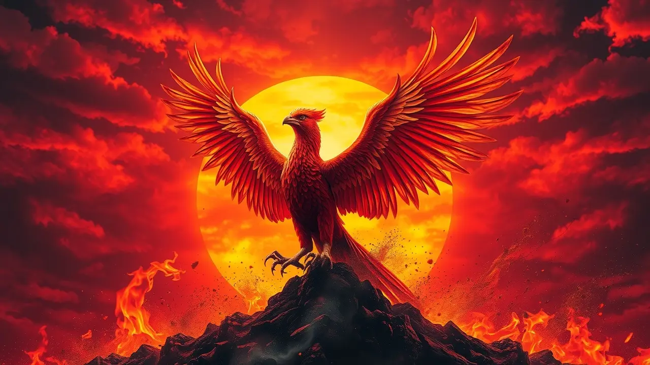 Fênix renascendo das cinzas em meio ao pôr do sol