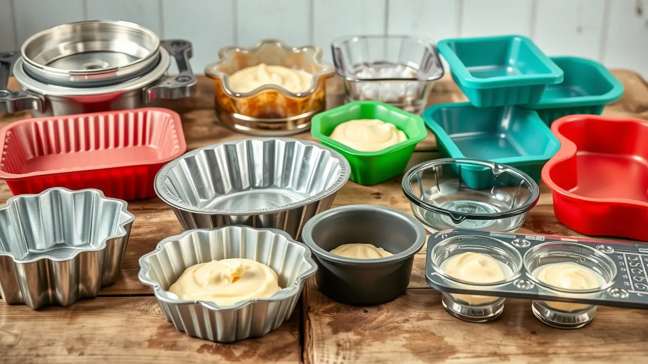 Diversas fôrmas de bolo sobre mesa de madeira.