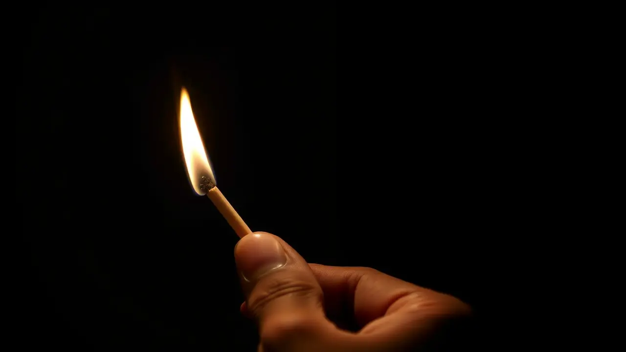 Mão acendendo fósforo no escuro