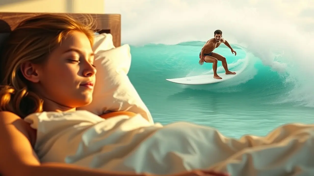 Mulher sonhando com Gabriel Medina surfando