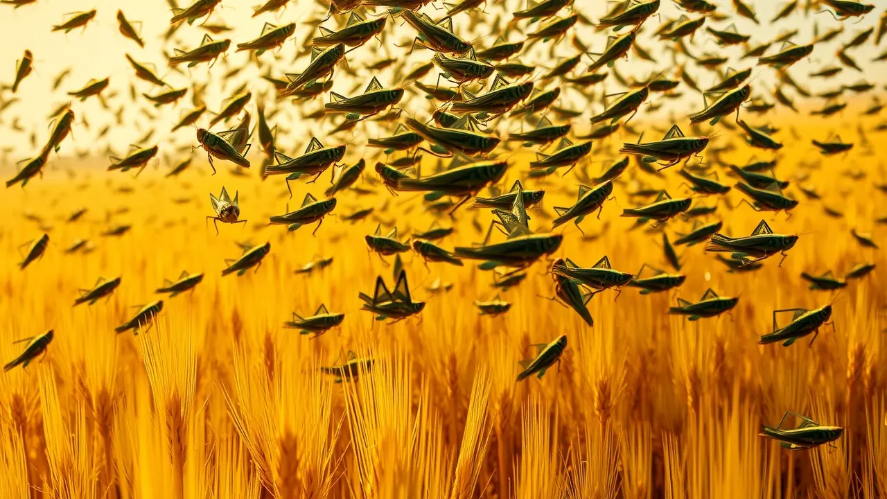 Enxame de gafanhotos em campo de trigo