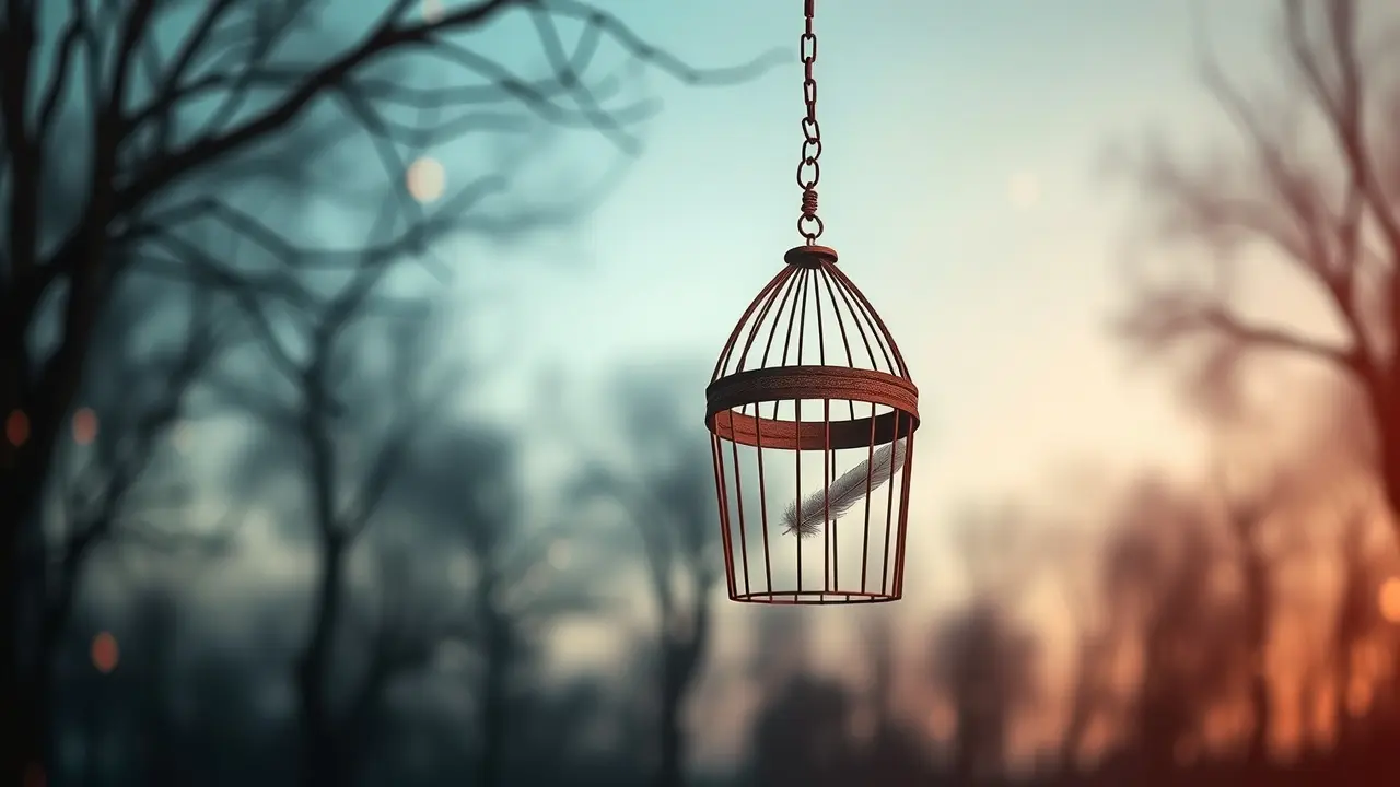 Gaiola antiga aberta em sonho com penas flutuando.