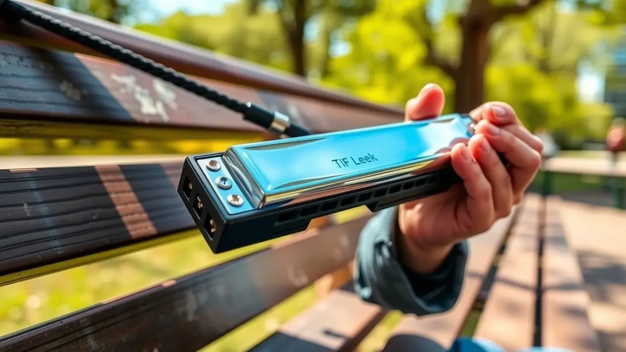 Pessoa tocando gaita em banco de parque
