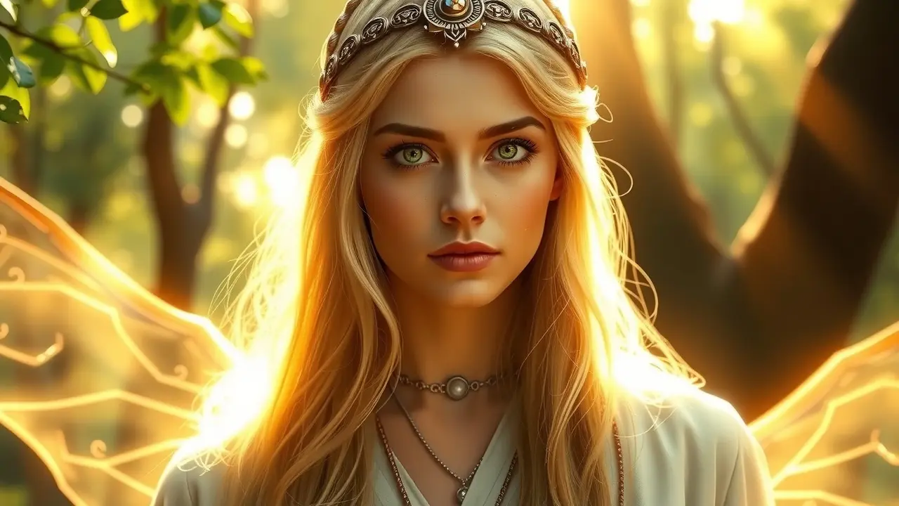 Significado de Sonhar com Galadriel: Desvende os Mistérios da Terra Média em Seus Sonhos Galadriel com luz dourada em floresta mística