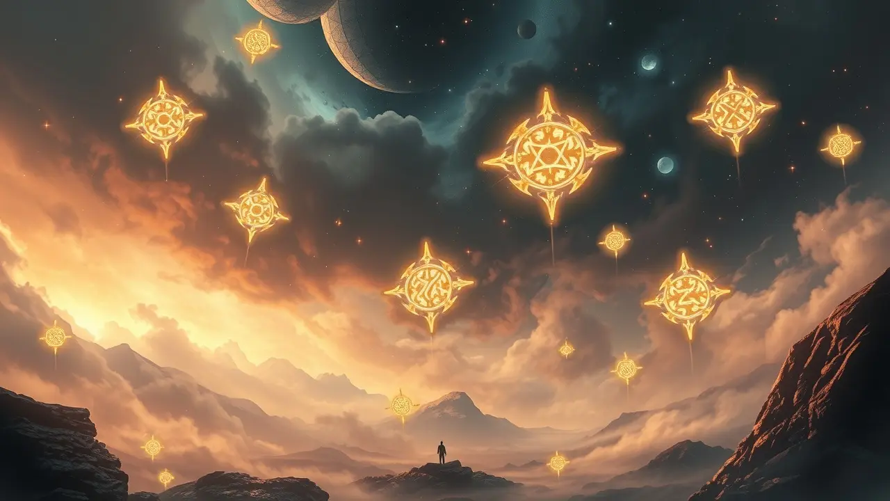 Símbolos galdrastafir brilhando em paisagem onírica.