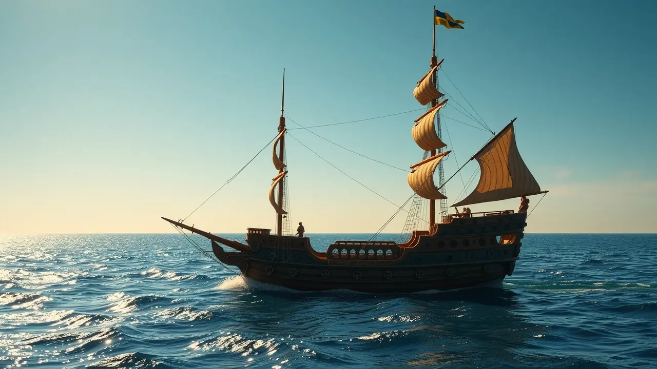 Um imponente galeão navegando em alto mar.