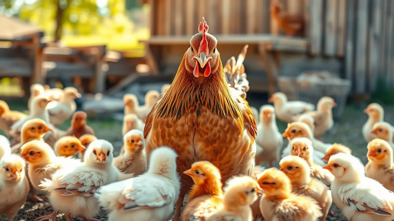 Galinha com pintinhos em um terreiro ensolarado
