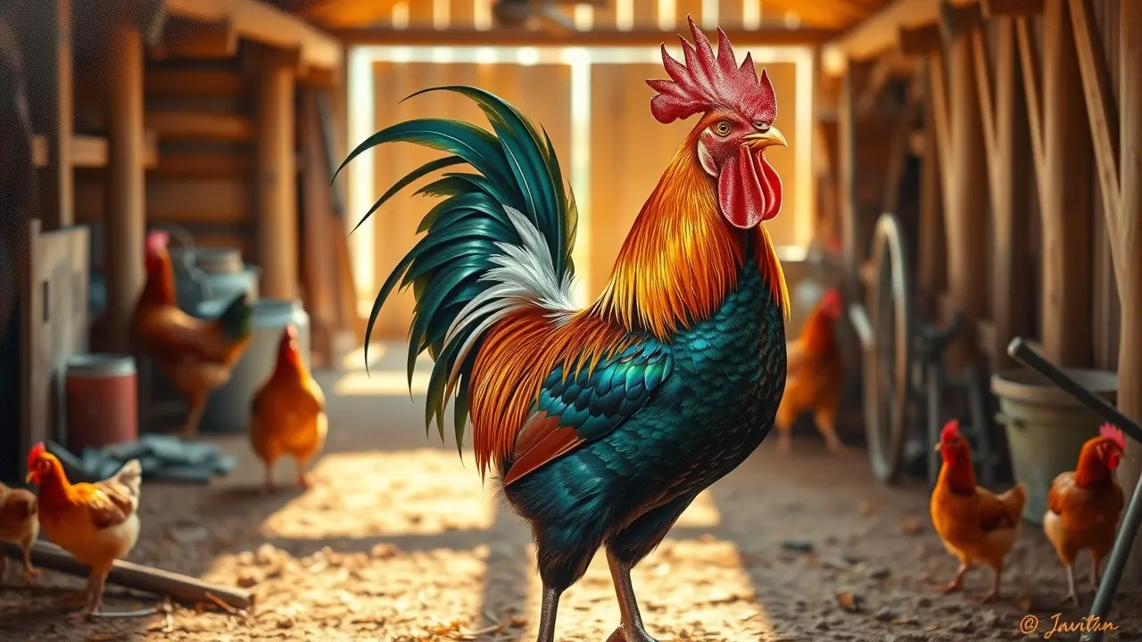 Um galo colorido em um terreiro ensolarado.