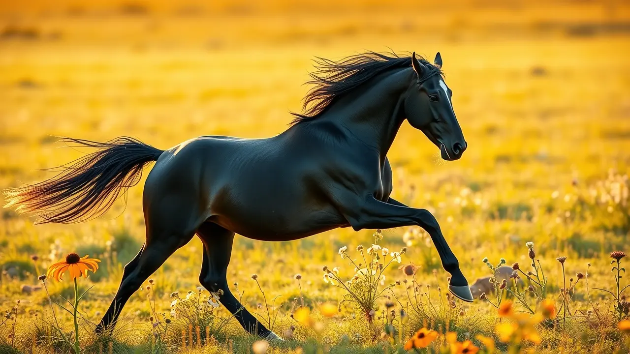 Sonhar com Galopar: Desvende os Significados e Simbolismos! Cavalo negro galopando em campo ensolarado