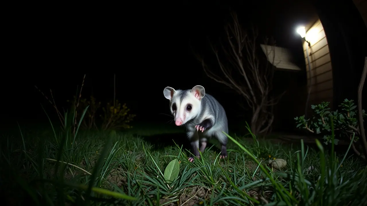 Gambá em ambiente noturno.