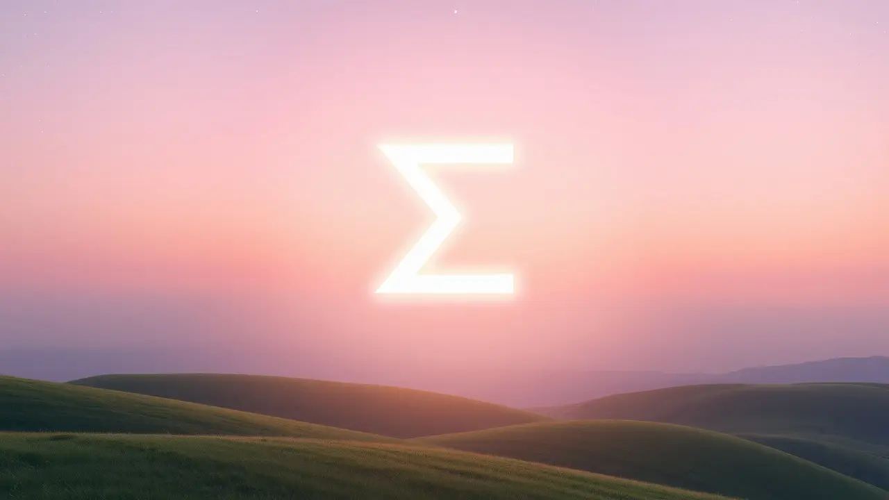 Letra Gamma brilhante em paisagem onírica.