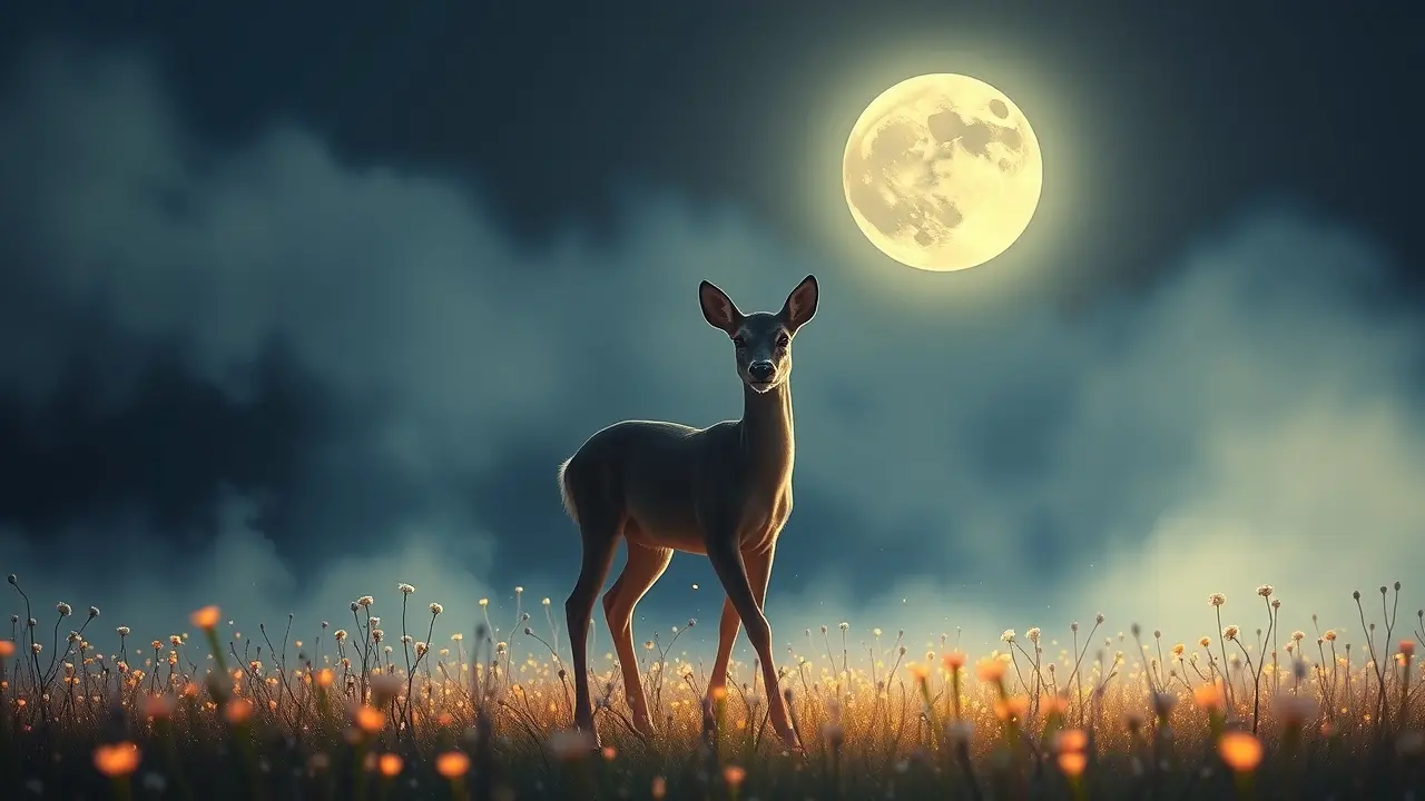 Gamo sereno sob a luz da lua em campo florido.