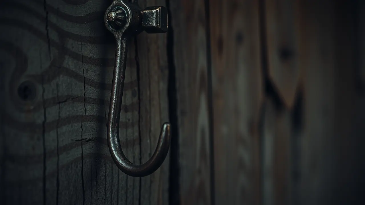 Gancho de metal enferrujado pendurado em parede de madeira.