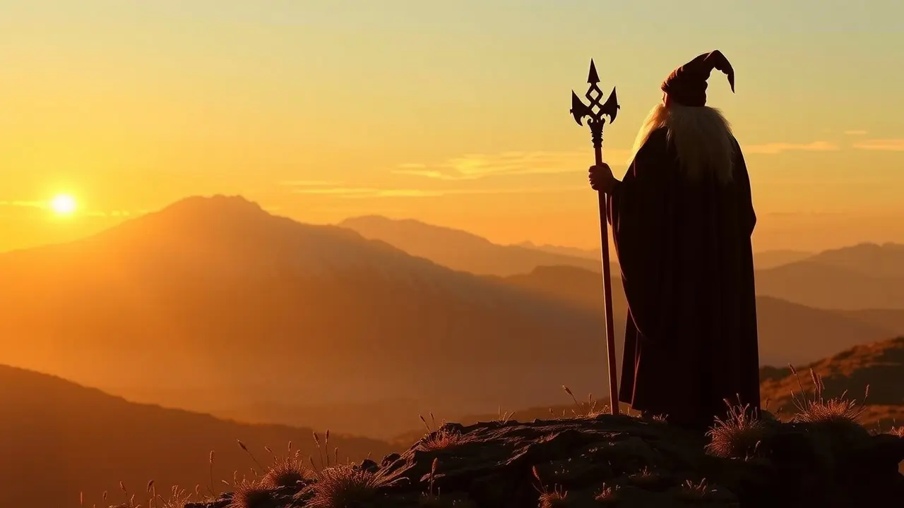Gandalf em uma colina ao amanhecer, representando sabedoria e esperança.
