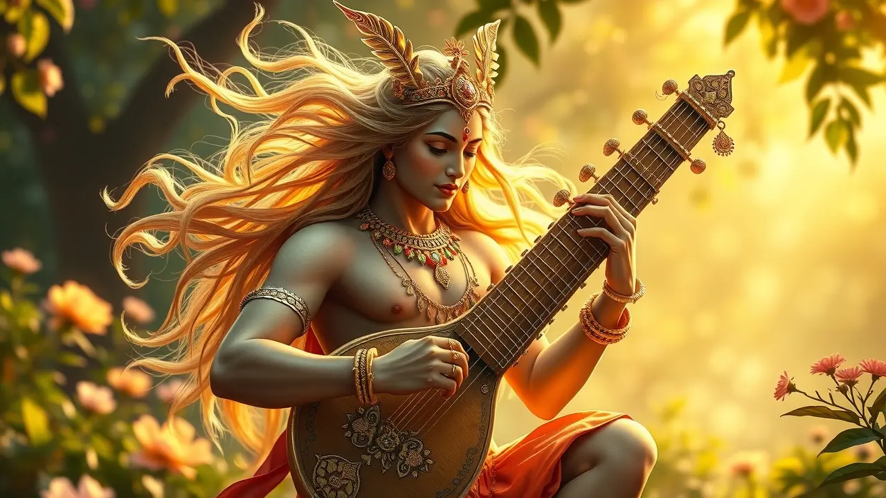 Gandharva tocando veena em jardim mitológico