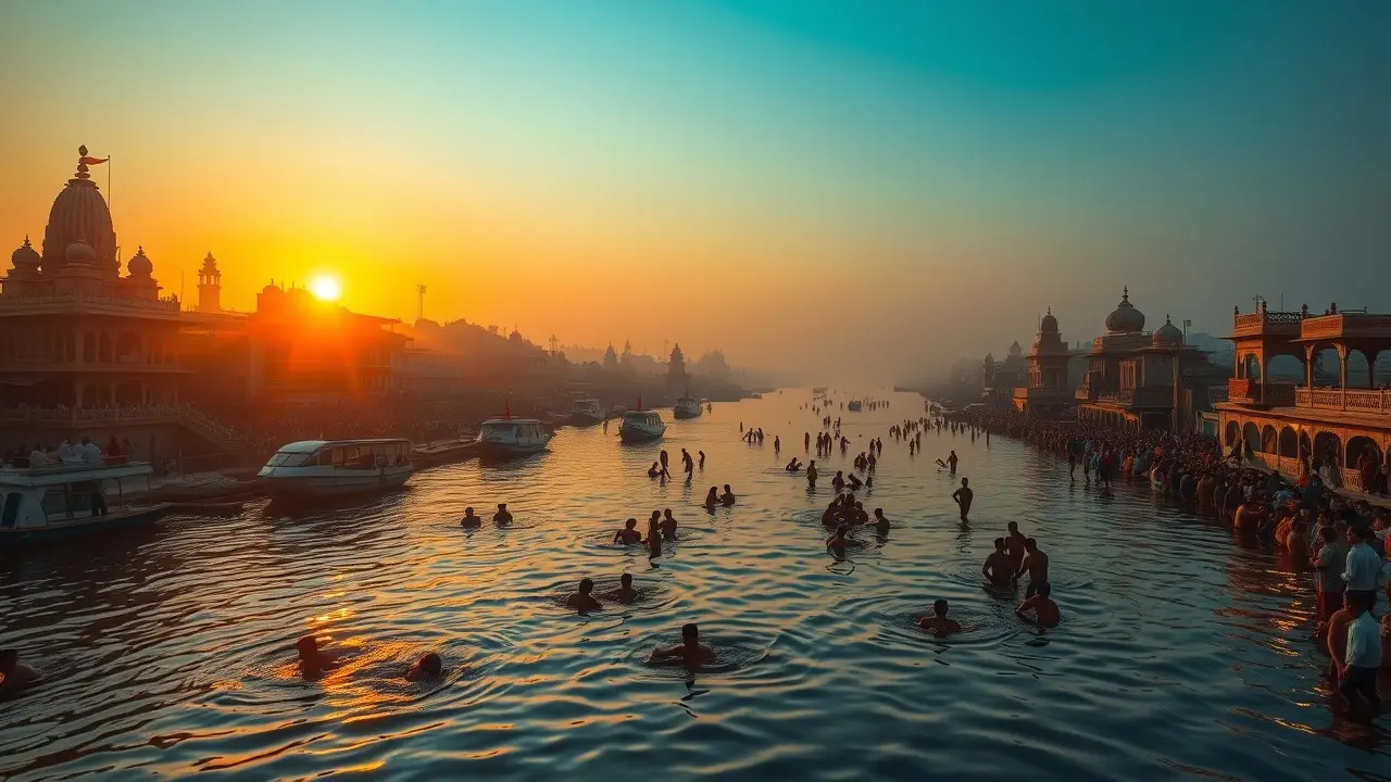 Significado de Sonhar com o Rio Ganges: Purificação e Espiritualidade Rio Ganges ao amanhecer, refletindo luz dourada