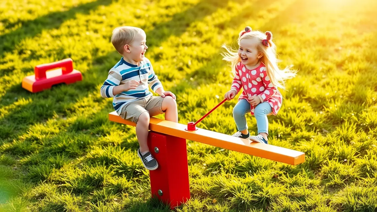 Crianças brincando em gangorra colorida